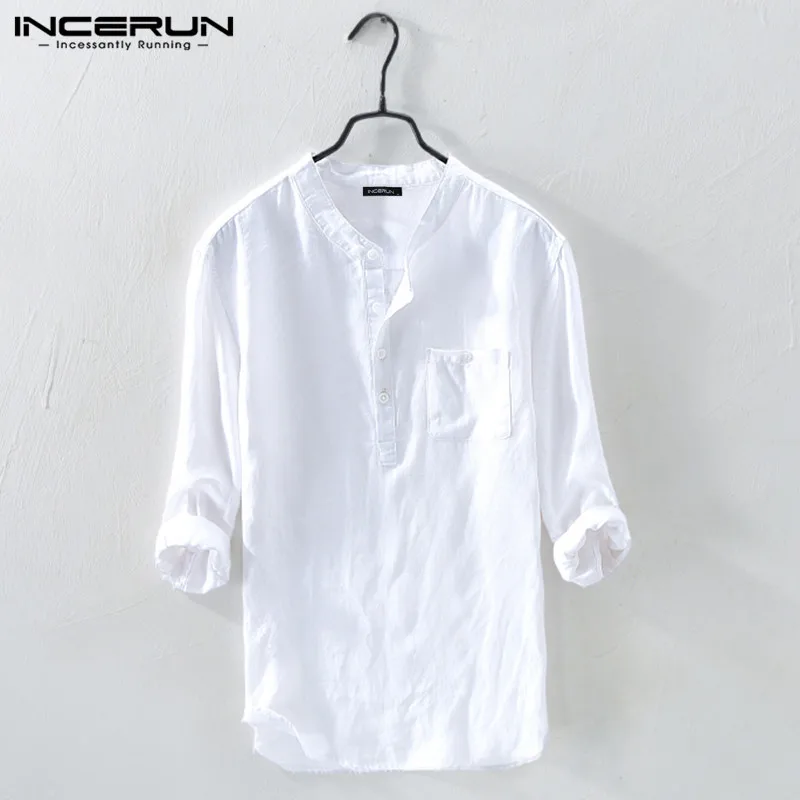 INCERUN Men Shirt Cotton 3/4 Sleeve Stand Collar Harajuku Tops Solid ...