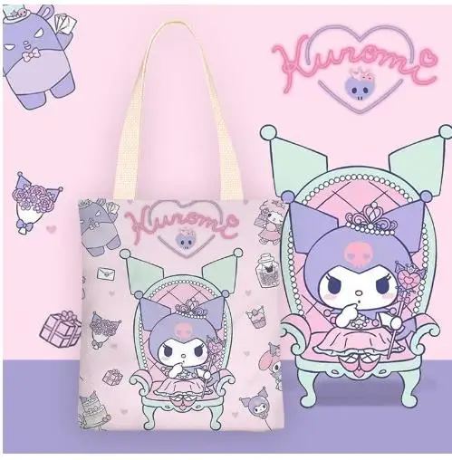 Bolsa Hello Kitty com zíper para mulheres, desenhos animados, cinnamoroll, curomiins, lona fresca pequena, um ombro, portátil, moda simples