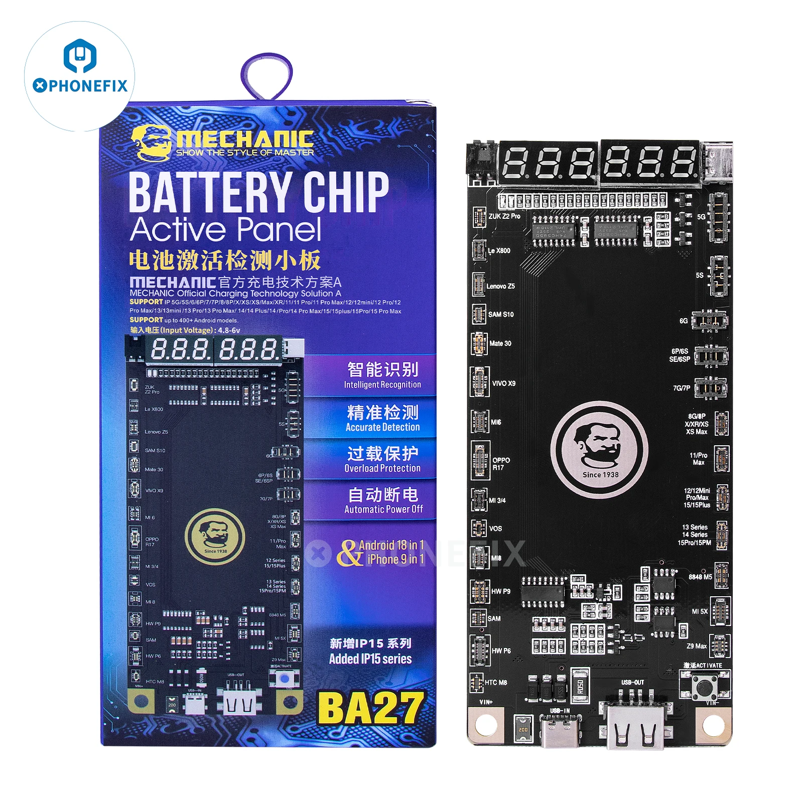 Mechanic BA27 Battery Activation Detection Board For iPhone 5-15Promax Samsung Battery Circuit Board Charging Tester Repair Tool