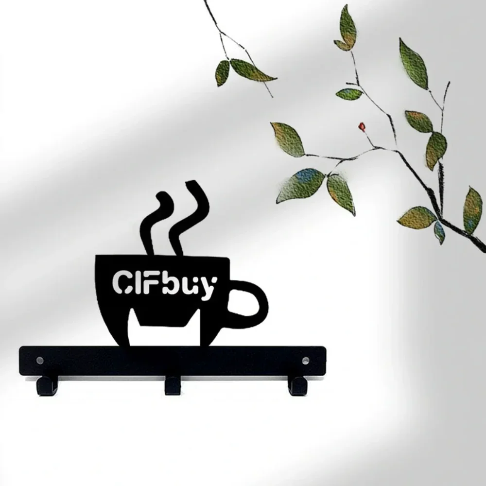 1pc Metal Key Holder Hooks Organizer Rack Wall Mounted Decor Metal Coffee Cup Rack with Coffee Sign for Bar Kitchen Organizer 3