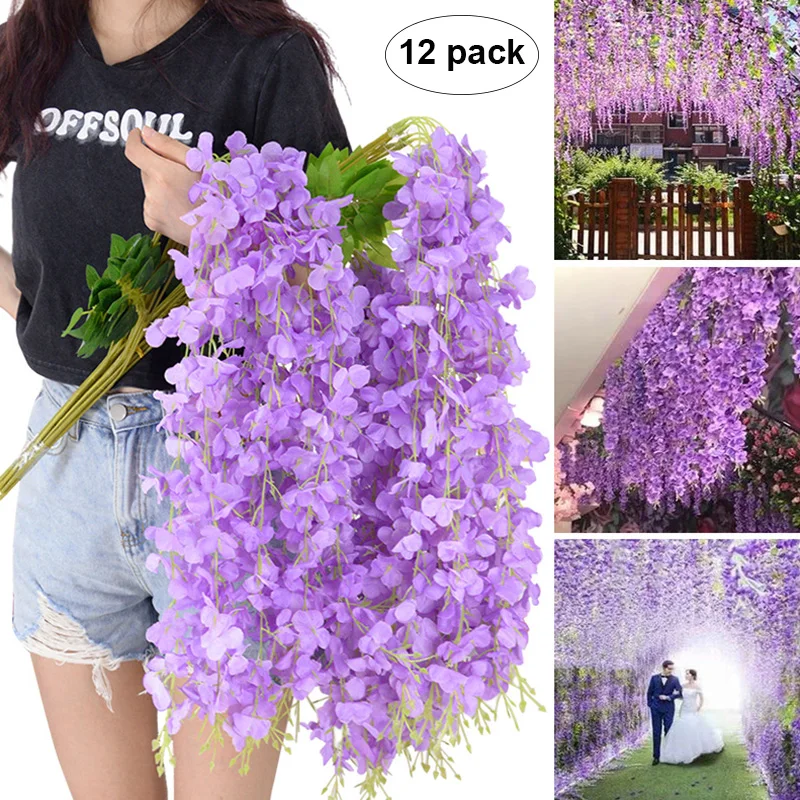 12Pcs 110cm Artificial Wisteria Flowers Vine Garland Silk Flowers