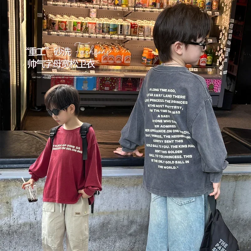 Children Clothing Fashion Retro Letter Printed Pullover Hoodie 2024 Autumn New Boys Handsome All Match Round Neck T Shirt 2