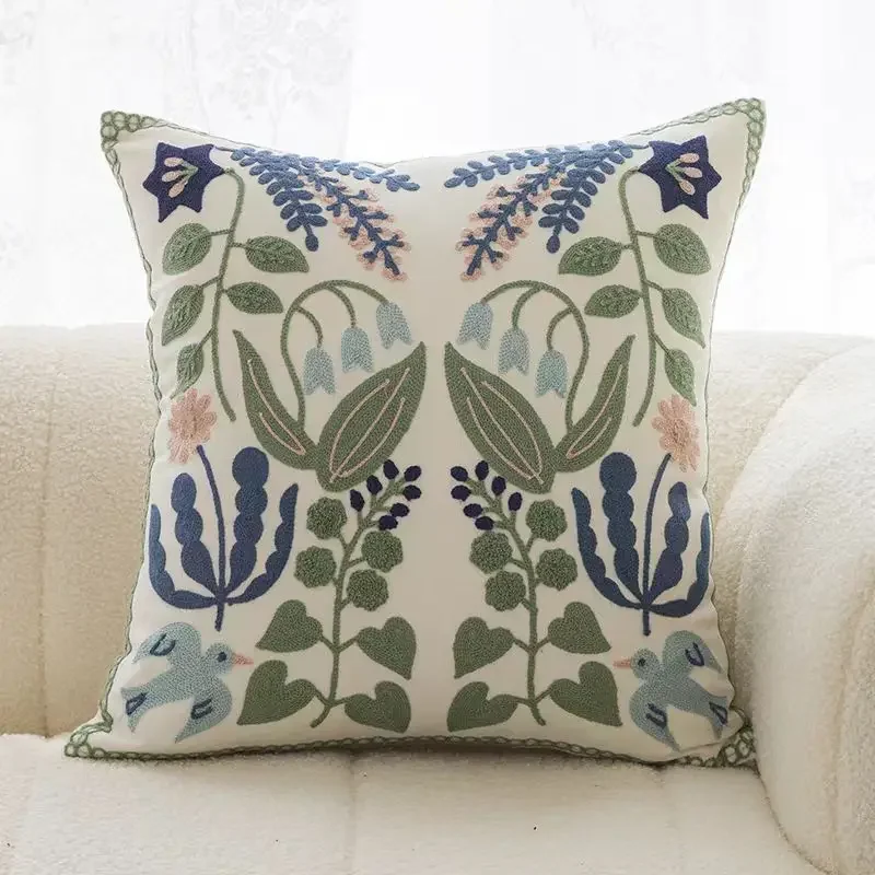 Rustic Floral Embroidered Canvas Cushion Cover