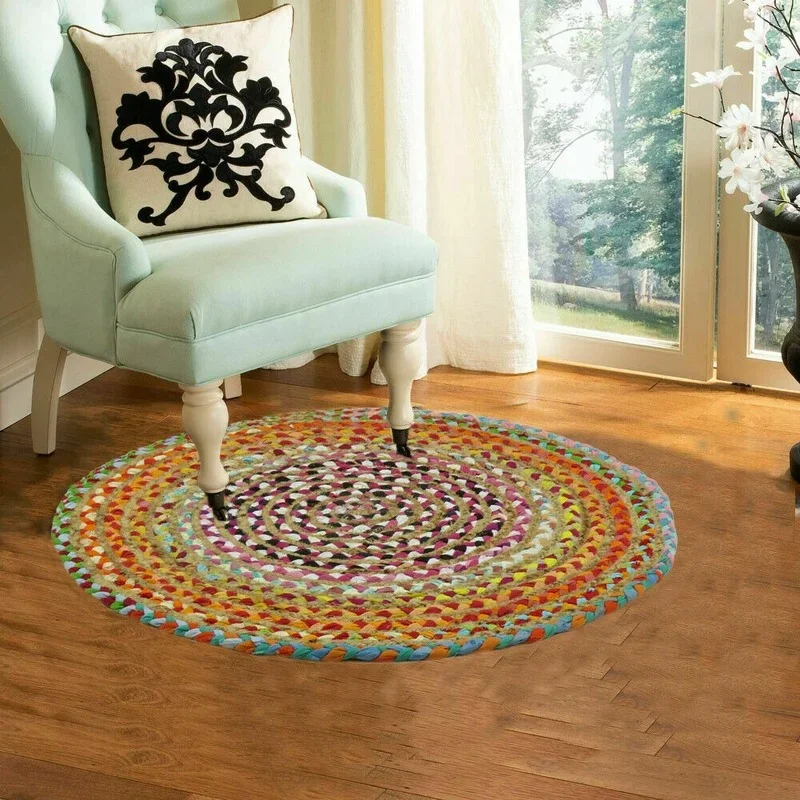 

Rug Cotton and Natural Jute Handmade 2x2 Feet Round Decor Living Rug Reversible Rugs for Bedroom