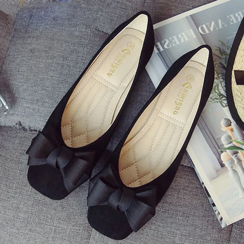 Flats Women Fashion Butterfly-Knot Square Toe Party Leather Ballerinas Plus Size 33-43 Shallow women loafers