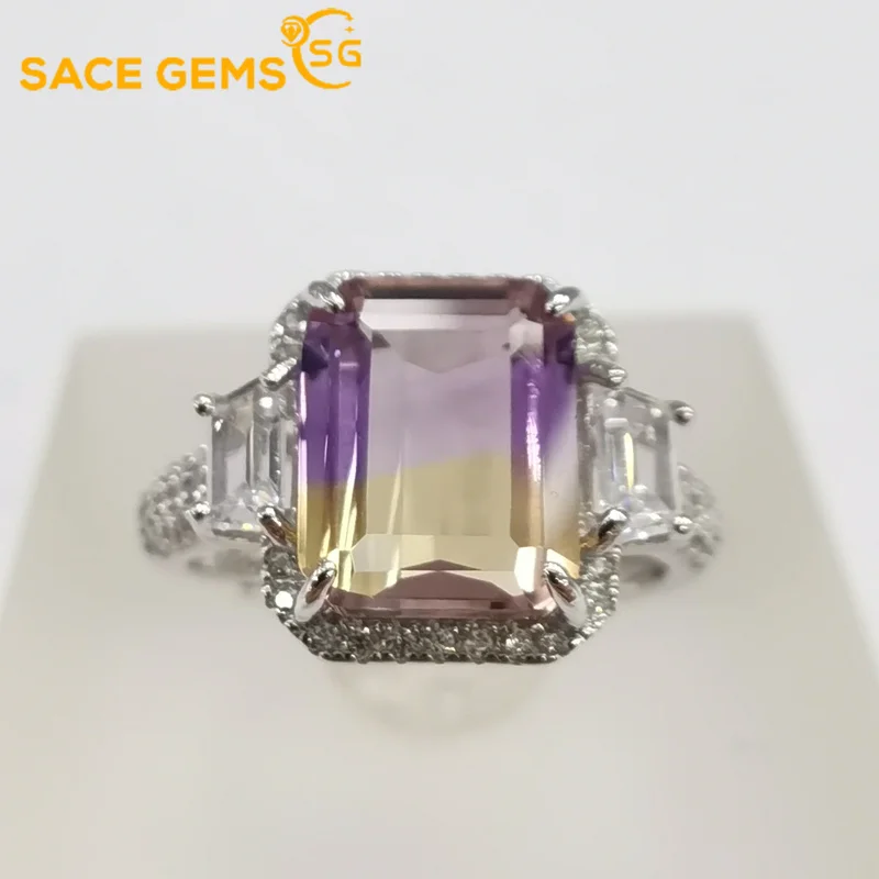 

SACE GEMS Luxury Resizable 100%925 Sterling Silver Sparkling 8*10mm Ametrine Wedding Rings Party Fine Jewelry Gifts Wholesale