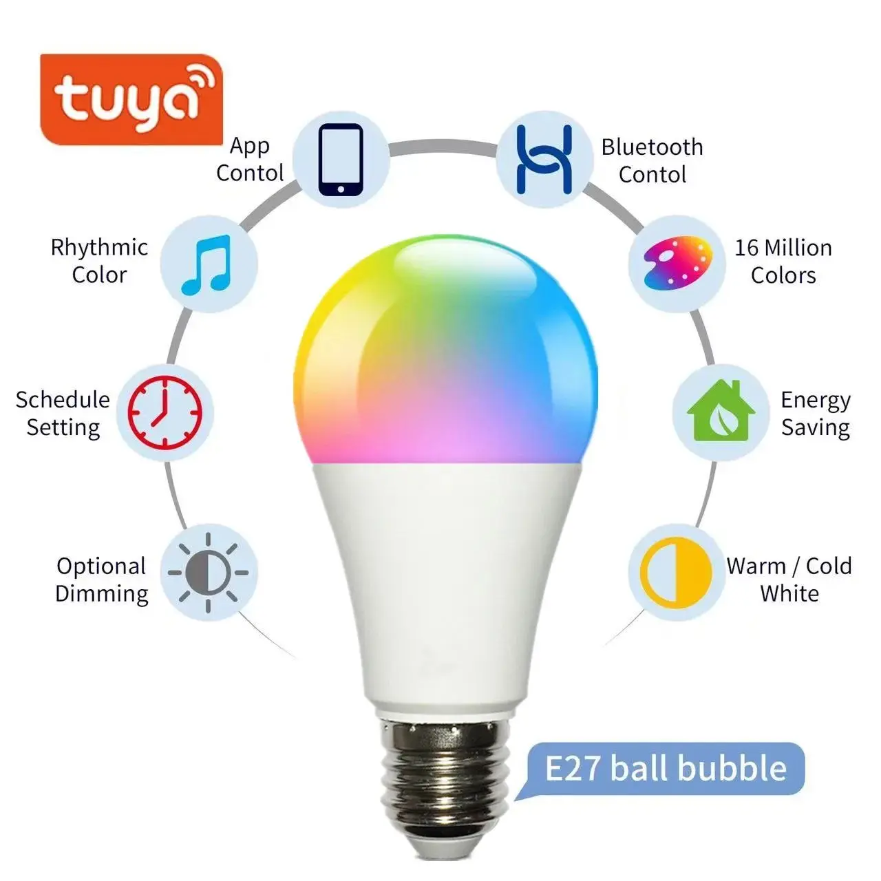 투야 와이파이 블루투스 220V 제어 LED 스마트 전구, 밝기 조절 RGB, CW, WW, IOS, 안드로이드 호환, 침실, 거실용, E27, E26, B22