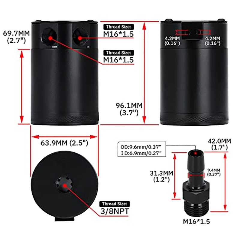 Universal Oil Catch Can Compact Baffled 2-Port Aluminum Reservoir Oil Catch Tank Fuel Tank Parts Two hole breathable Kettle