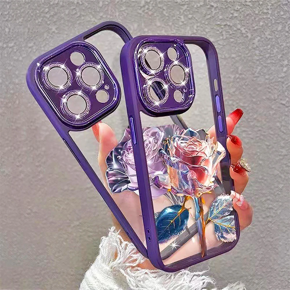 Fata Rose Flower Diamond Lens Protect Clear Phone Case Per Iphone 15 14 13 12 11 Pro Max Plus Nessun Ingiallimento Resistente Alla Caduta Sporco