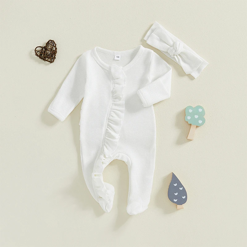 Pudcoco Newborn Baby Girl Fall Outfit Ruffle Trim Long Sleeve Full Length Zipper Footed Romper Bow Headband baby clothes