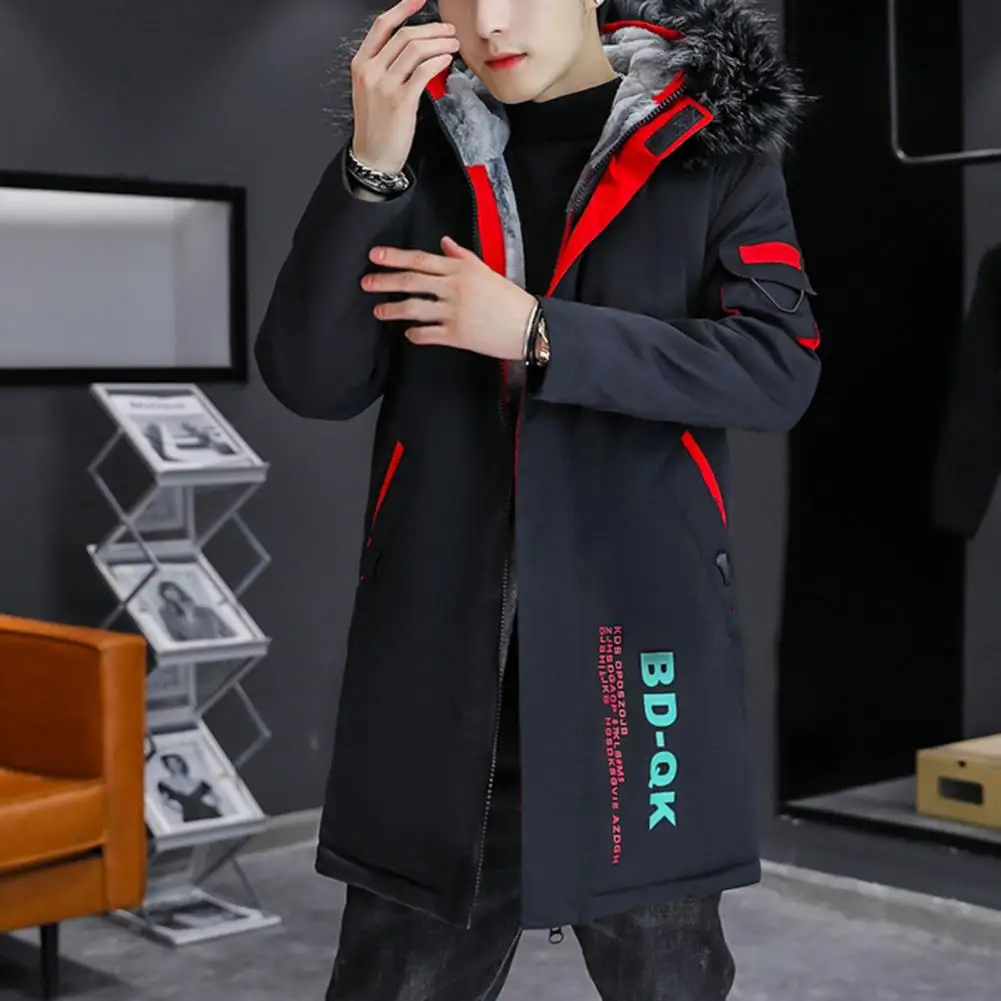 Mid-length Cotton-padded Outwear Men's Hooded Color Patchwork Jacket with Fleece Lining Warm Stylish Coat for Autumn Winter Men