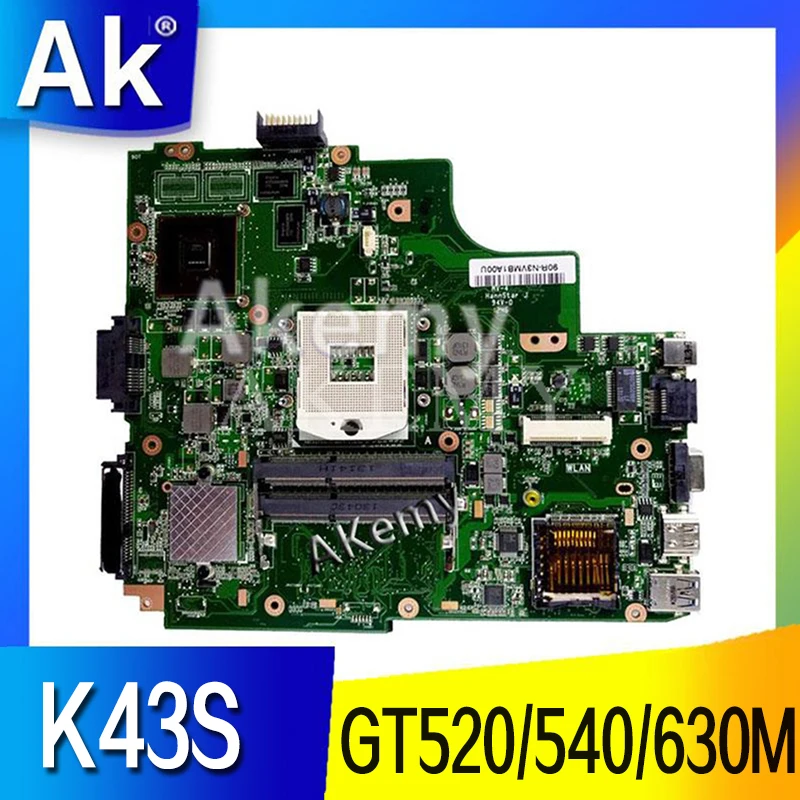 

K43S Laptop Motherboard W/ GT520M GT540M GT630M GPU For ASUS K43SJ K43SV K43SM A43S X43S K43S Motherboard Mainboard HM65
