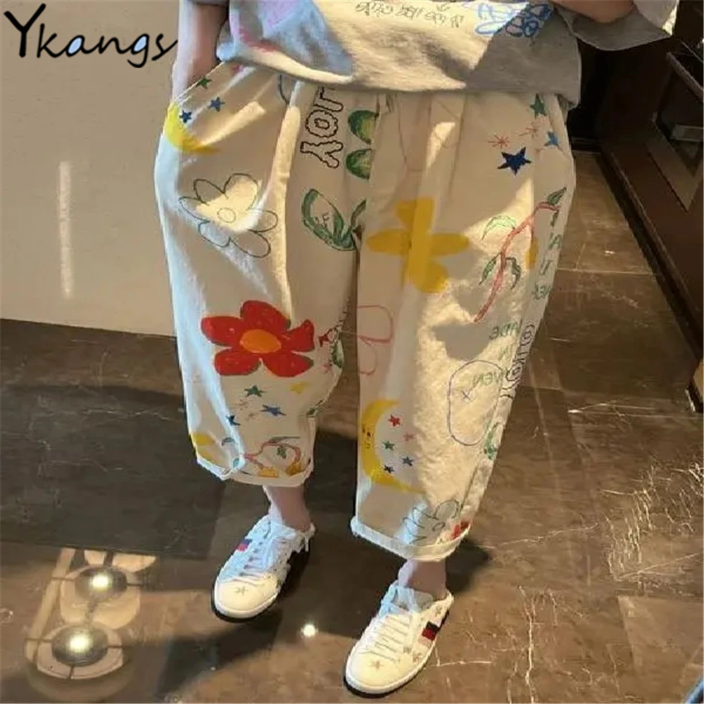 Cartoon Graffiti Korean Fashion Casual Loose Pants Women Elastic High Waist Flower Print Thin Trousers Summer Street Harem Pants