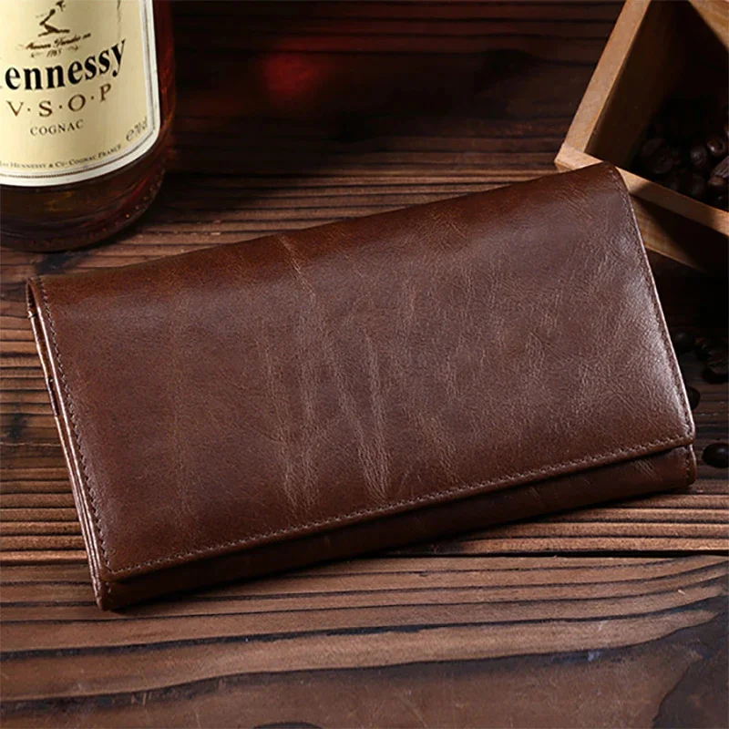 Prawdziwa skórzana kieszeń długi portfel męski etui na karty kredytowe Vintage wysokiej jakości męska kopertówka pieniądze portmonetka lśniący połysk portfel z krowiej skóry
