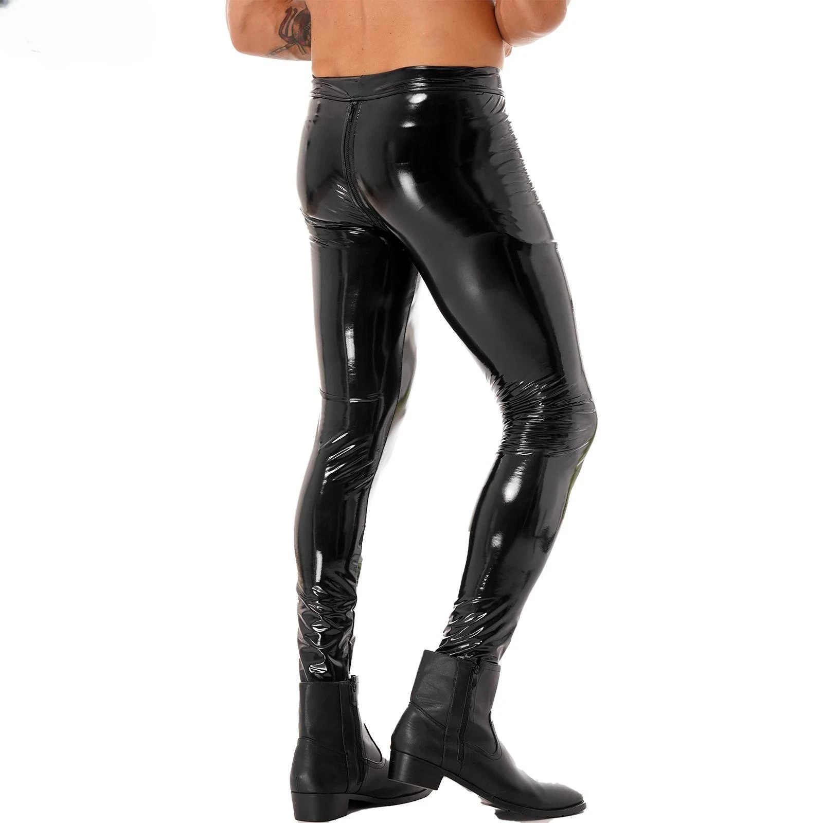 Mens Zipper Crotch Skinny Trousers Clubwear Patent Leather Moto Biker Skinny Pants Leggings Motorcycling Party Tights Pants