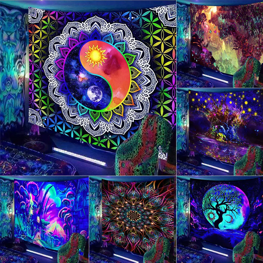 Luz preta tapeçaria hippie uv reativo psicodélico tapeçaria tapeçaria pendurado yoga tapete boho quarto decoração de casa