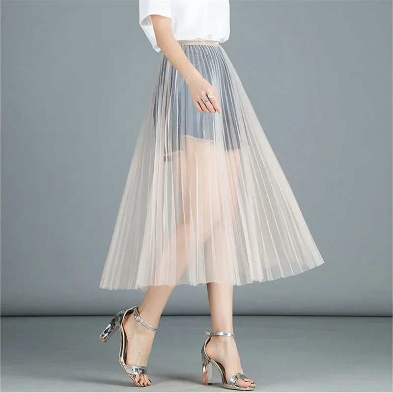 Women Sexy Mesh Lace Transparent Long Tulle Skirt Korean Fashion Summer Ladies Elastic High Waist Black White Beach Midi Skirt 3