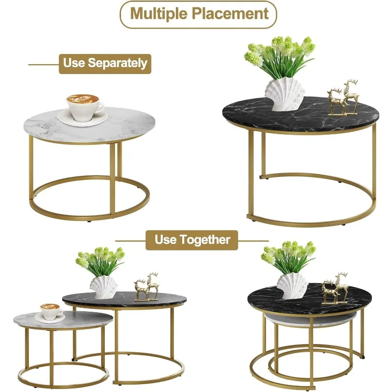 Description Picture 5 of itemMarble Nesting Golden Coffee Table 31.5In Large Set of 2, Steel Frame Circular and Round Wooden Tables 31in