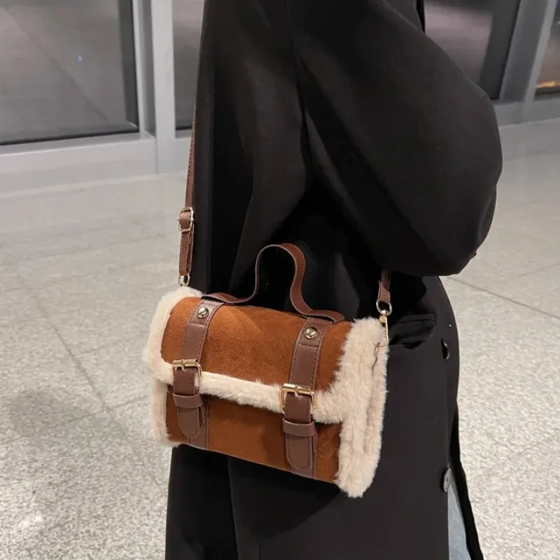 Winter Autumn Crossbody Bags for Women Lamb Plush Velvet Shoulder Bag Lady Small Square Office Commuter Handbag