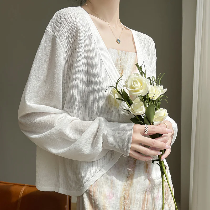 Loose White V Neck Solid Thin Silk Cardigans Summer main image 1