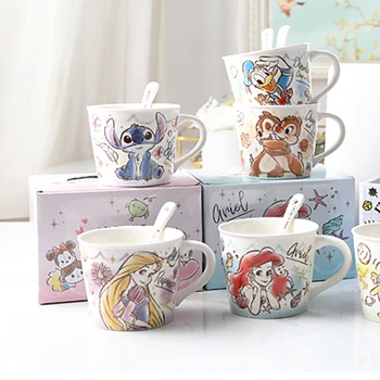 MINISO Disney Princess Mug Simpatico cartone animato Tazza da latte Regalo di compleanno per ragazzi e ragazze 250ML con cucchiaio Tazza da caffè in ceramica per la casa 1
