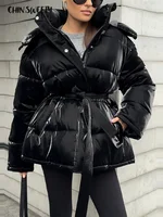Elegant Women's Shiny Thicken Cotton Coats Hooded Detachable Zippers Lace Up Lady Coat 2025 Winter Chic Female Streetwear 1