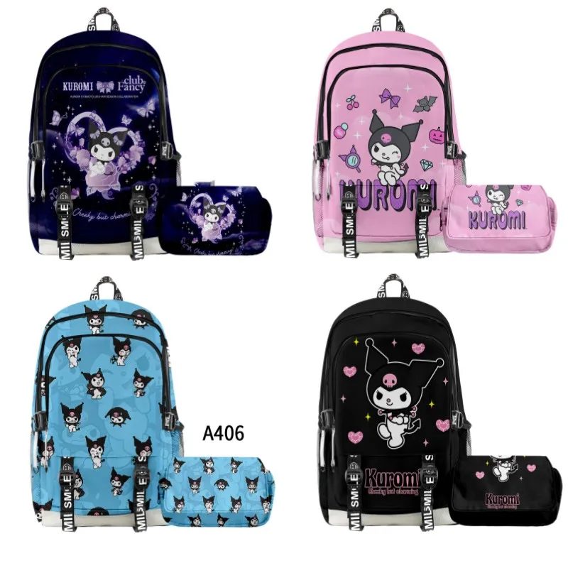 

2PC-SET Upgraded model Printed Sanrio Kuromi School Bag Backpack Backpack Double-layer Pencil Case Cartoon School Bag Mochila