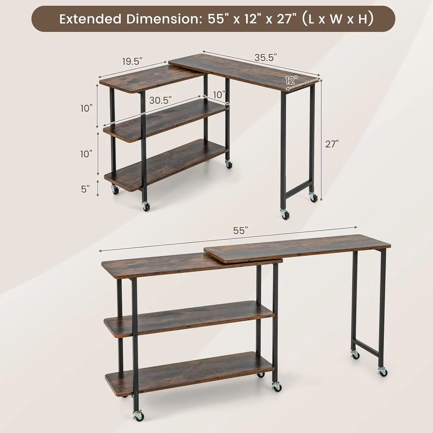 360 °   Free Rotating Sofa Side Table, Mobile L-Shaped Laptop Desk with Sturdy Metal Frame, 6 Universal Casters, Movable Couch Snac 2