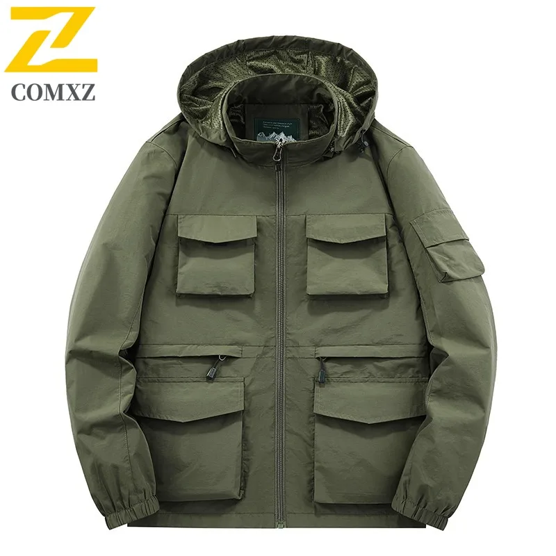 COMXZ Men's Multi Pocket Outerwear Fleece Lined Waterproof Hooded Travel Climbing Trench Coat Skiing High Quality Windproof Coat
