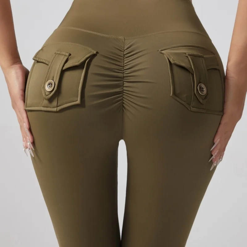 Description Picture 3 of itemWholesale High Waist Elastic Running Sports Tights Iconic Brand Buttocks Lifting Leggings Pockets Solid Spandex Yoga Pants for Women