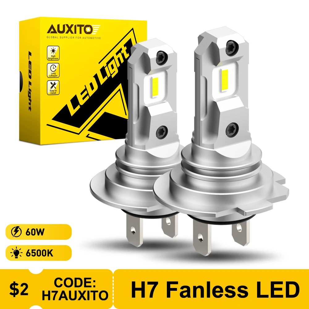 AUXITO 2Pcs H7 LED Headlight Bulbs Mini Size Fanless Wireless for Car Headlight CSP LED H7 Auto Diode Lamp 6500K 360° Beam Angle