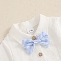 Tenue d'été pour bébé garçon, chemise à manches courtes, col à revers, barboteuse + Short à bretelles à rayures + nœud papillon pour nouveau-né 6