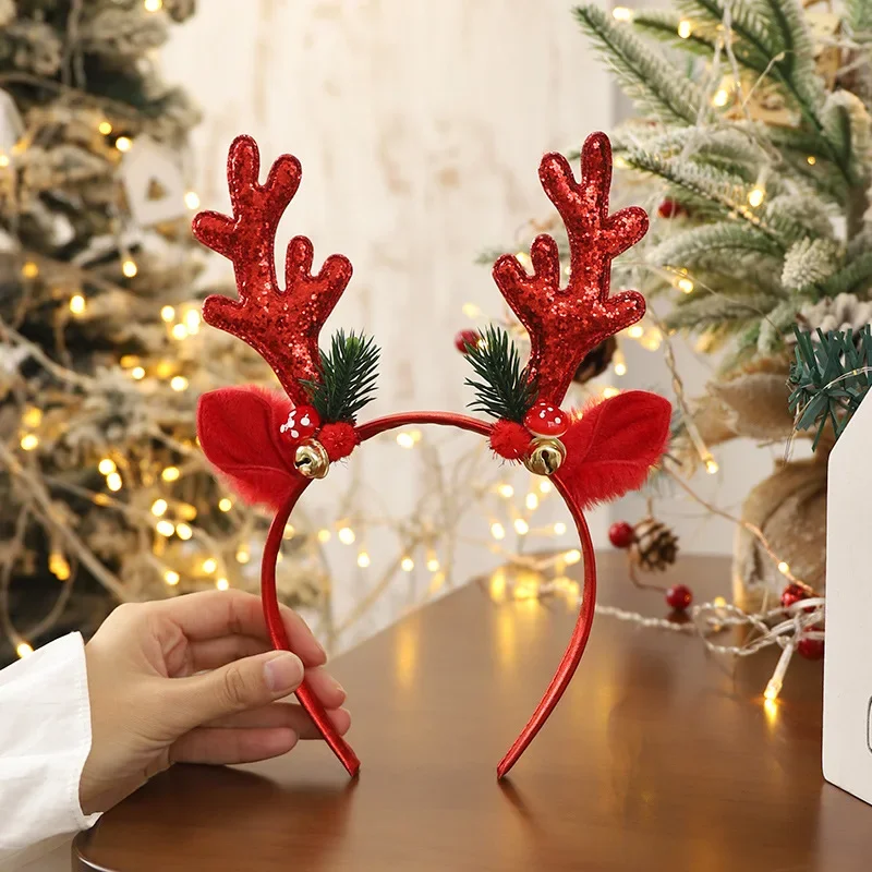 Christmas Hair Band Gold Red Elk Horn Bell Headband Merry Christmas Gifts For Kids Happy Party Decor Sequined Headwear for Girls