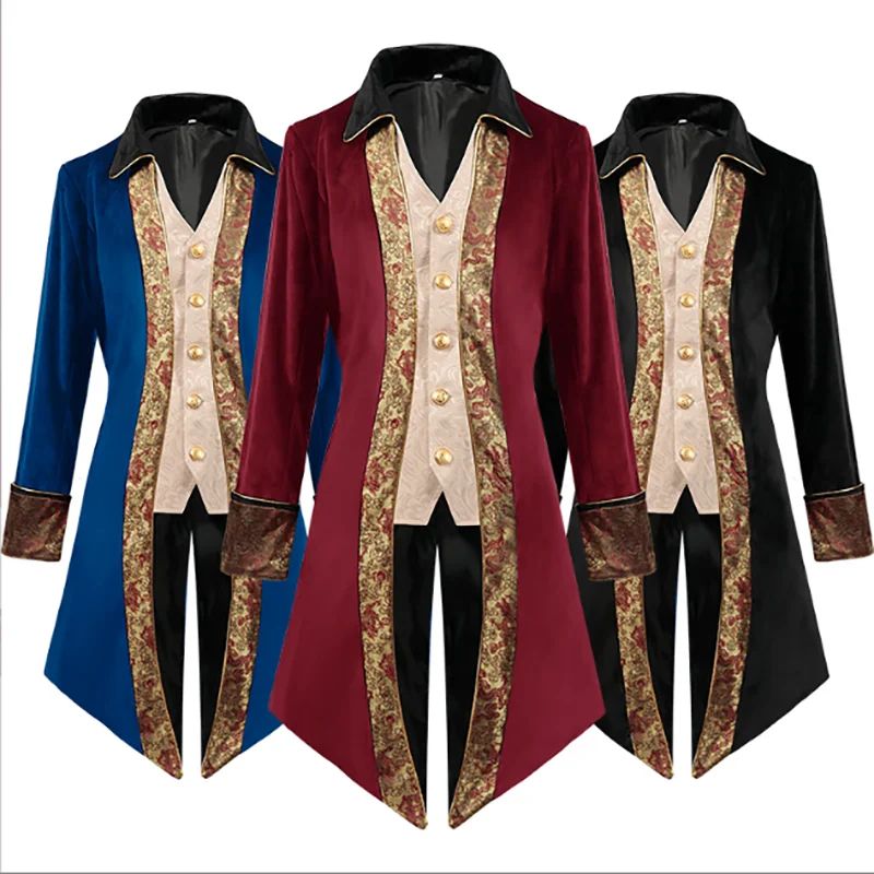 

Steampunk Gothic Jacket Men Medieval Vintage Blue Red Black Long Coat Male Halloween Cosplay Costume Plus Size 3XL Mens Jacket