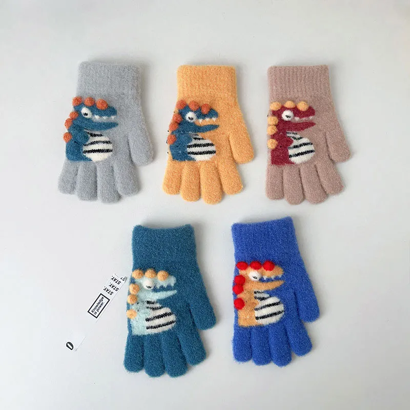 Cartoon Dinosaur Children Knitted Gloves Cold Proof Warm Kids Five Finger Gloves 3-15year Boy Girl Baby Winter Woolen Mittens 장갑 2