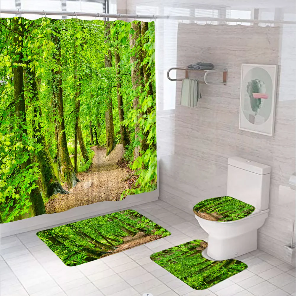 

Green Forest Natural Scenery Shower Curtain Sets Landscape Leaves Bathroom Curtains Non-Slip Bath Mat Pedestal Rug Toilet Covers