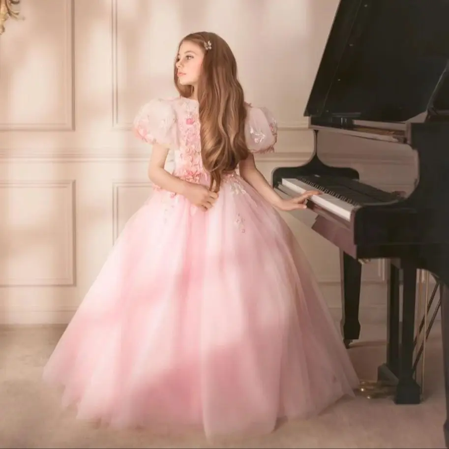 

Elegant Pink Flower Girl Dresses Lace Applqiues Beads A Line Kids Birthday Gowns Long Sleeves Little Girls Floor Length Gowns