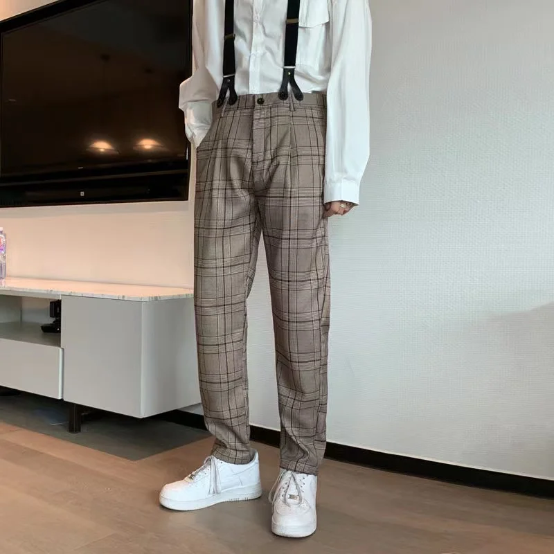 

2022 Men's Fashion Trend Straight Casual Pants Retro Work Suspenders Detachable Korean Plaid Printing Romper Jumpsuit S-2XL