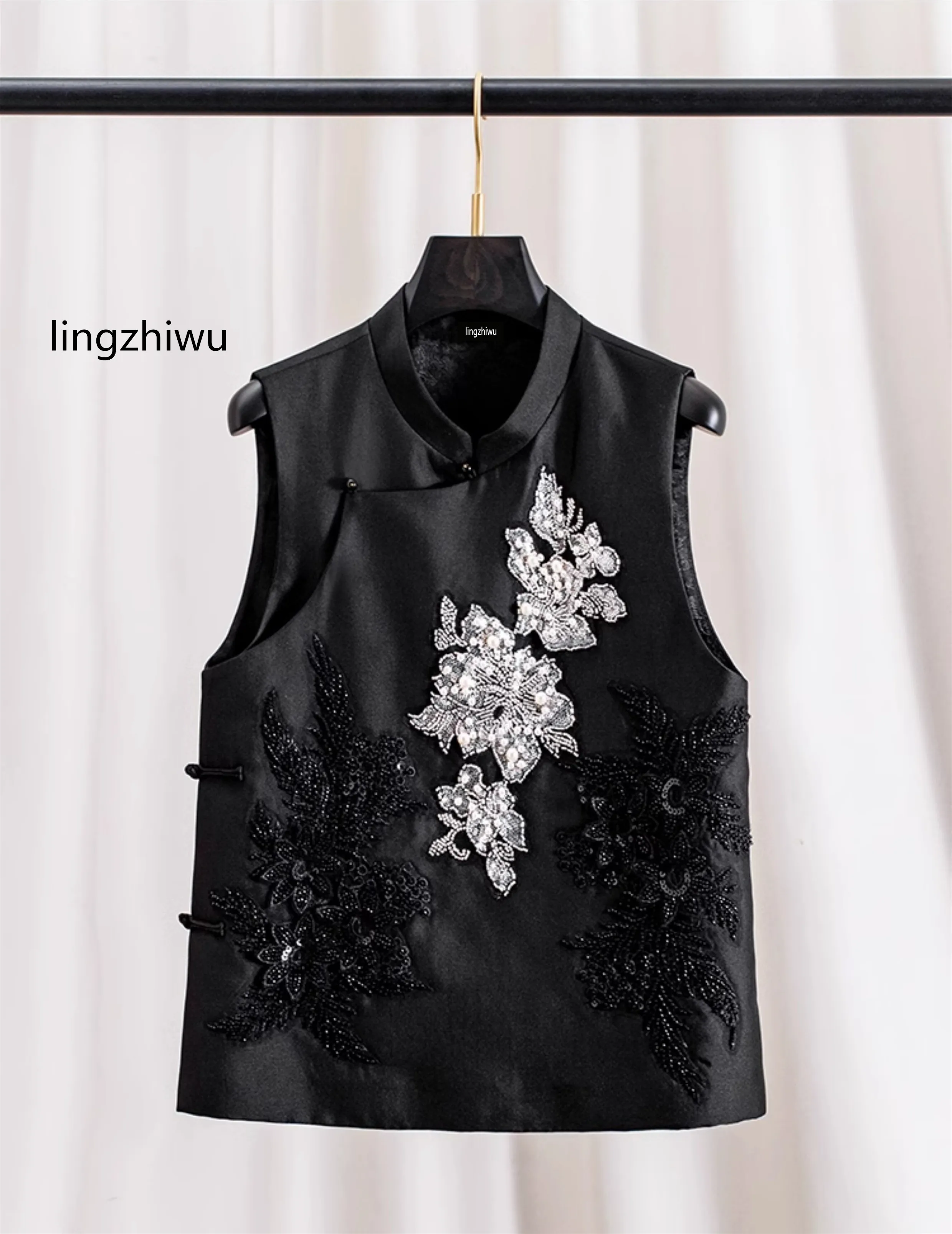 

lingzhiwu Silk Wool Tank Top Handmade Beading Flower Chinese Style Female Outerwear Spring Autumn Sleeveless New Arrive