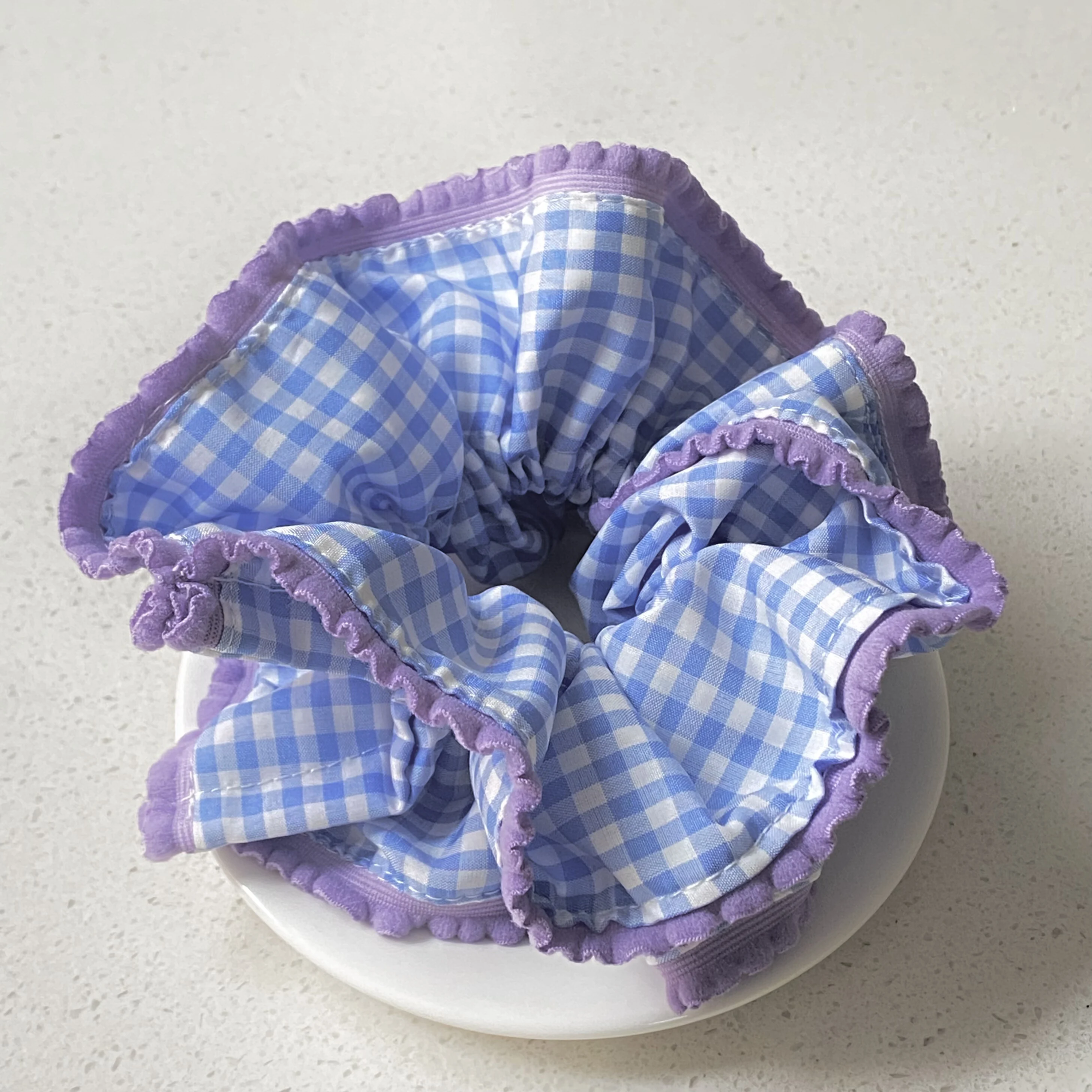 1PC  Blue And White Plaid Scrunchie With Purple Ruffle Trim, Cute Hair Accessory For Women, Stylish Hair Tie For Daily