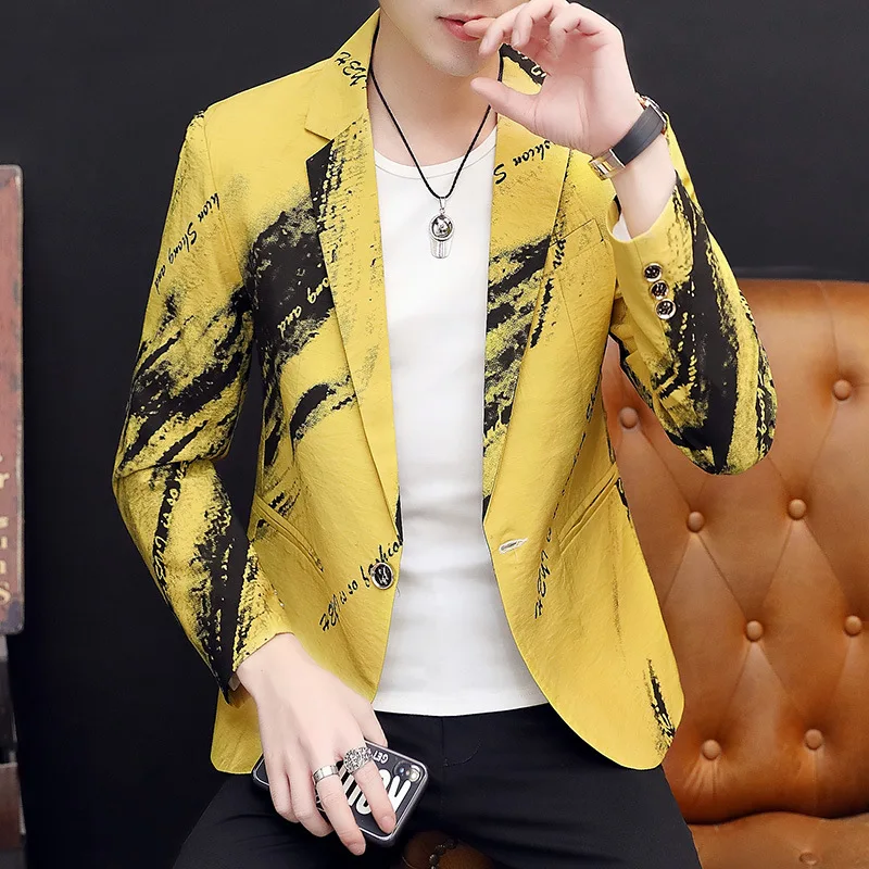 Fashion Printed Men Suit Jacket Single Button Long Sleeve Young Man Clothing Yellow Black White Casual Male Slim Fit Blazer Coat