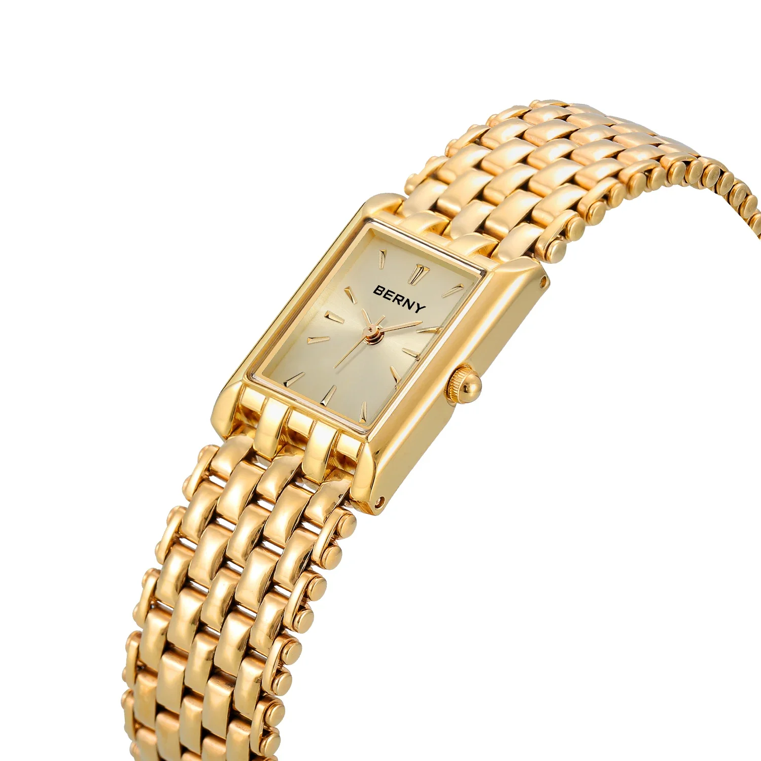 BERNY-Relógio quartzo em aço inoxidável feminino, relógio de pulso quadrado feminino, pequeno relógio de ouro, moda casual e luxo