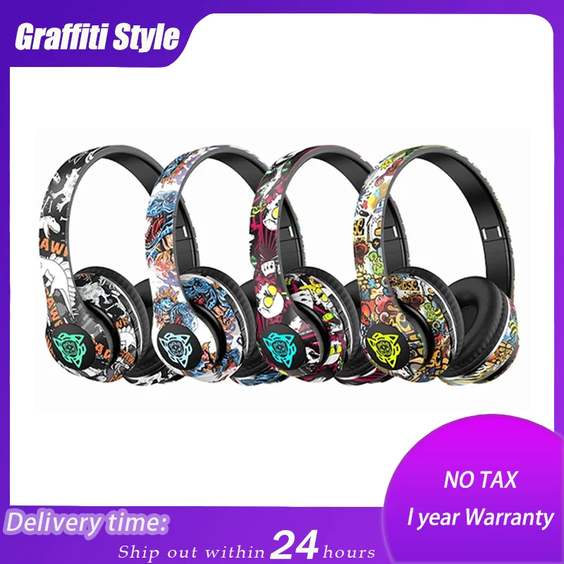 

Fashion Graffiti Foldable Bluetooth 5.3 Headphones Wireless Noise Canceling DJ Bass Headset Game Earphone Support TF With Mic