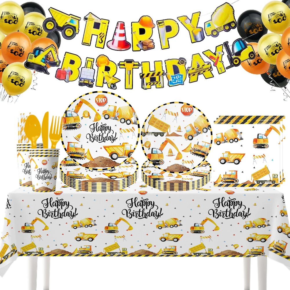 

Engineering Vehicle Decoration Tableware Supplies Boys Favors Excavator Party Foil Balloons Happy Birthday Flags Tablecover