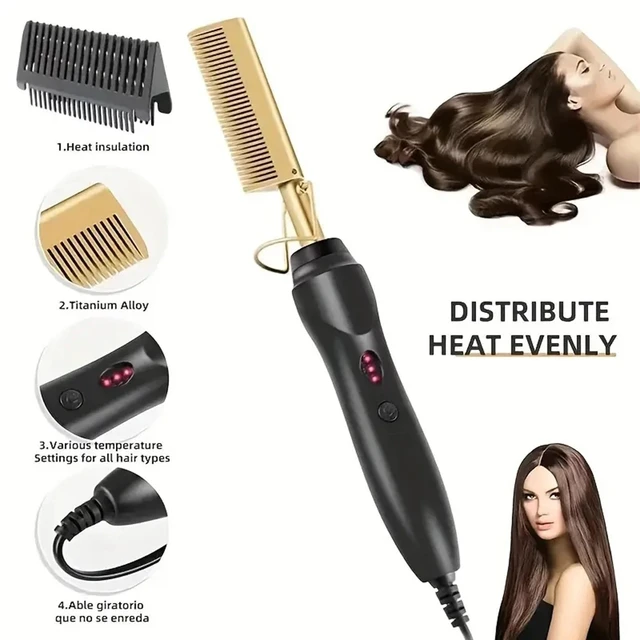 Gold Electric Hair Brushes for Straightener Comb,Copper Hot Comb Heat Pressing Curling/Straightener Styling Brush 220V for Women - Image 6