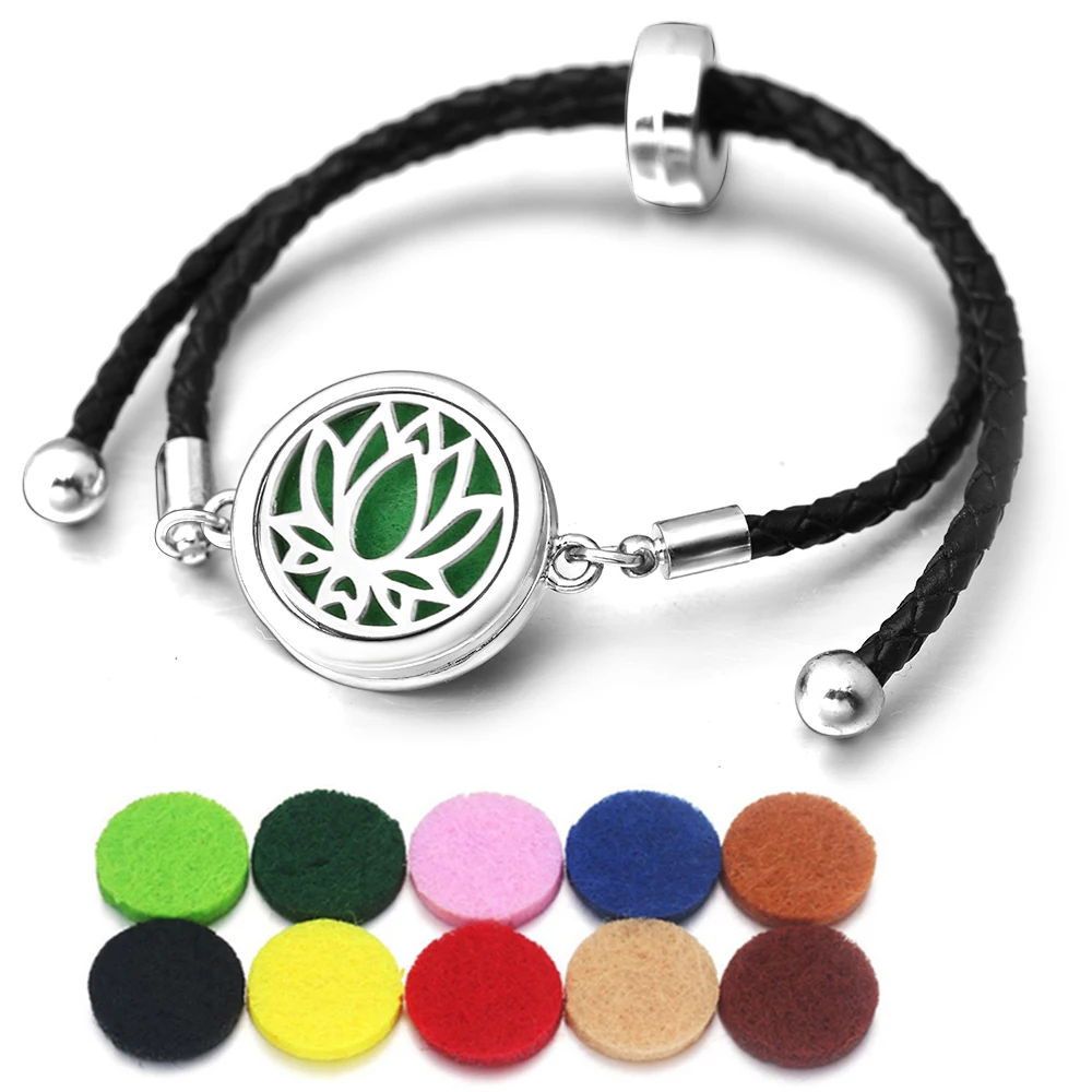 Bangle Bracelet Stainless Steel Bracelet Leather Bracelets New Leather Adjustable Buckle Lotus Stainless Steel Aromatherapy Bangle Bracelet Women Diffuser Locket Jewelry