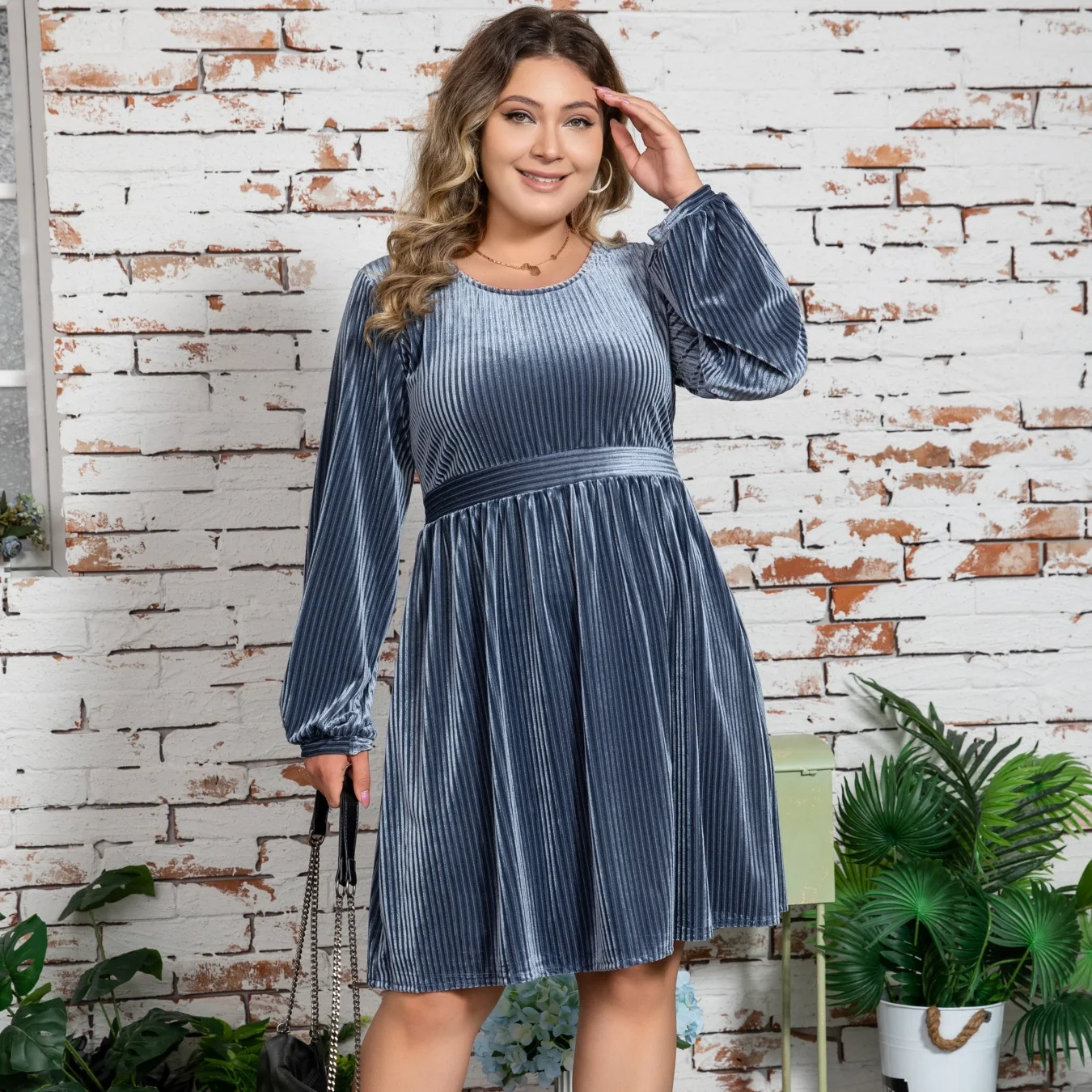 

Autumn Winter New Round Neck Waistband Large Size Women's Dress Solid Color Lantern Sleeves Casual Pleated Dress Drop Shipping