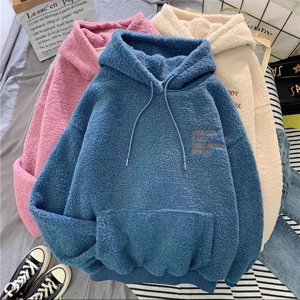 Women Autumn Winter Warm Fluffy Hoodie New Casual Hooded Pullovers Letters Lamb Wool Fleece Sweatshirt Loose Top Ropa De Mujer 5