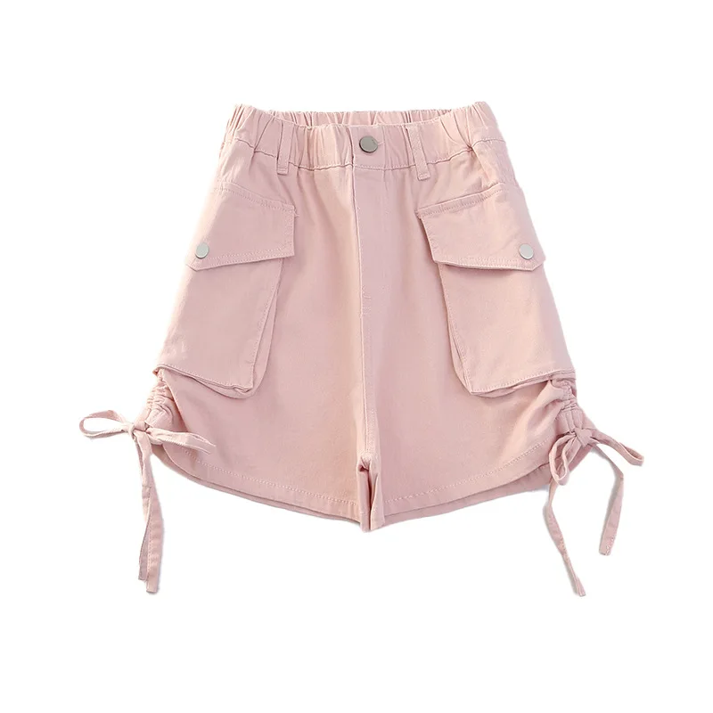 New Casual Kids Side Drawstring Shorts with Pocket for Tween Girls Summer Bottoms Clothes Fashion Child Cargo Shorts with Pocket