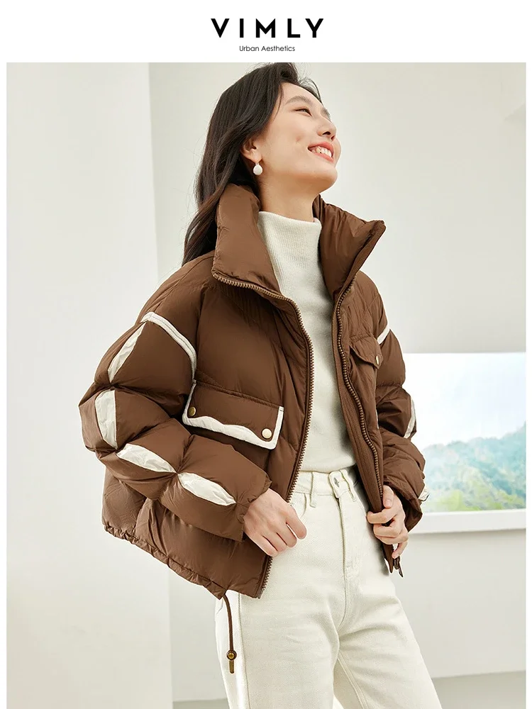 Vimly Contrast Spliced Cropped Down Coat Women 2023 Stand Collar Thick Warm Winter Women's Puffer Jacket Female Outerwear 50652